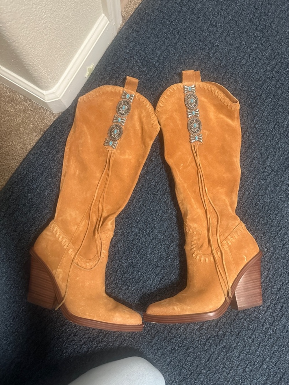 Suede Western Knee-High Boots in Camel with Concho Detail